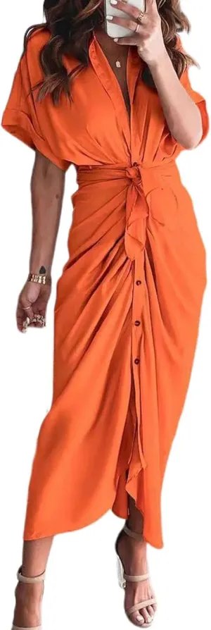 Womens Ruched Shirt Dresses Elegant Button Down Dress Summer Lapel V Neck Short Sleeve Maxi Dresses with Belt