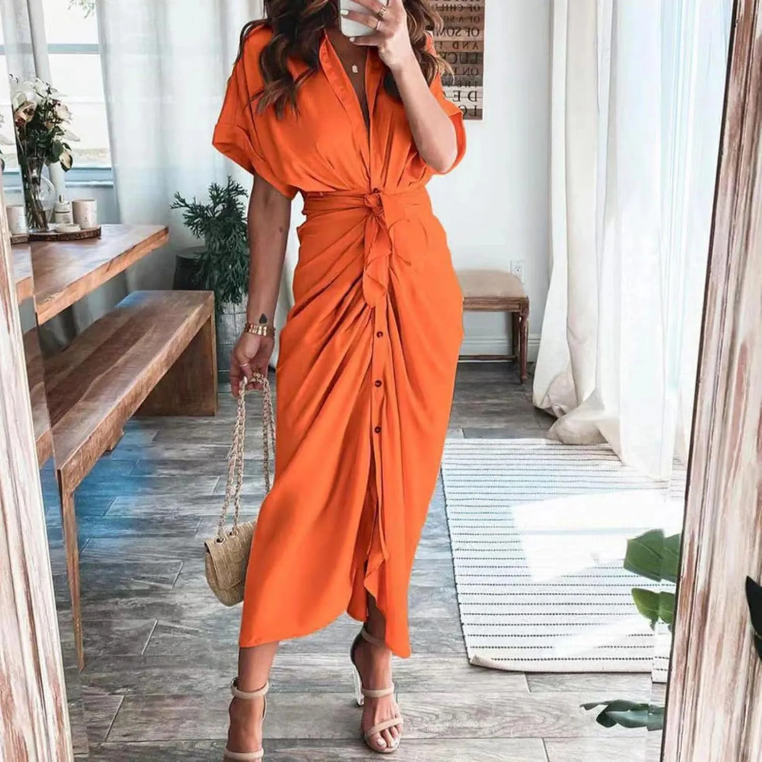 Womens Ruched Shirt Dresses Elegant Button Down Dress Summer Lapel V Neck Short Sleeve Maxi Dresses with Belt