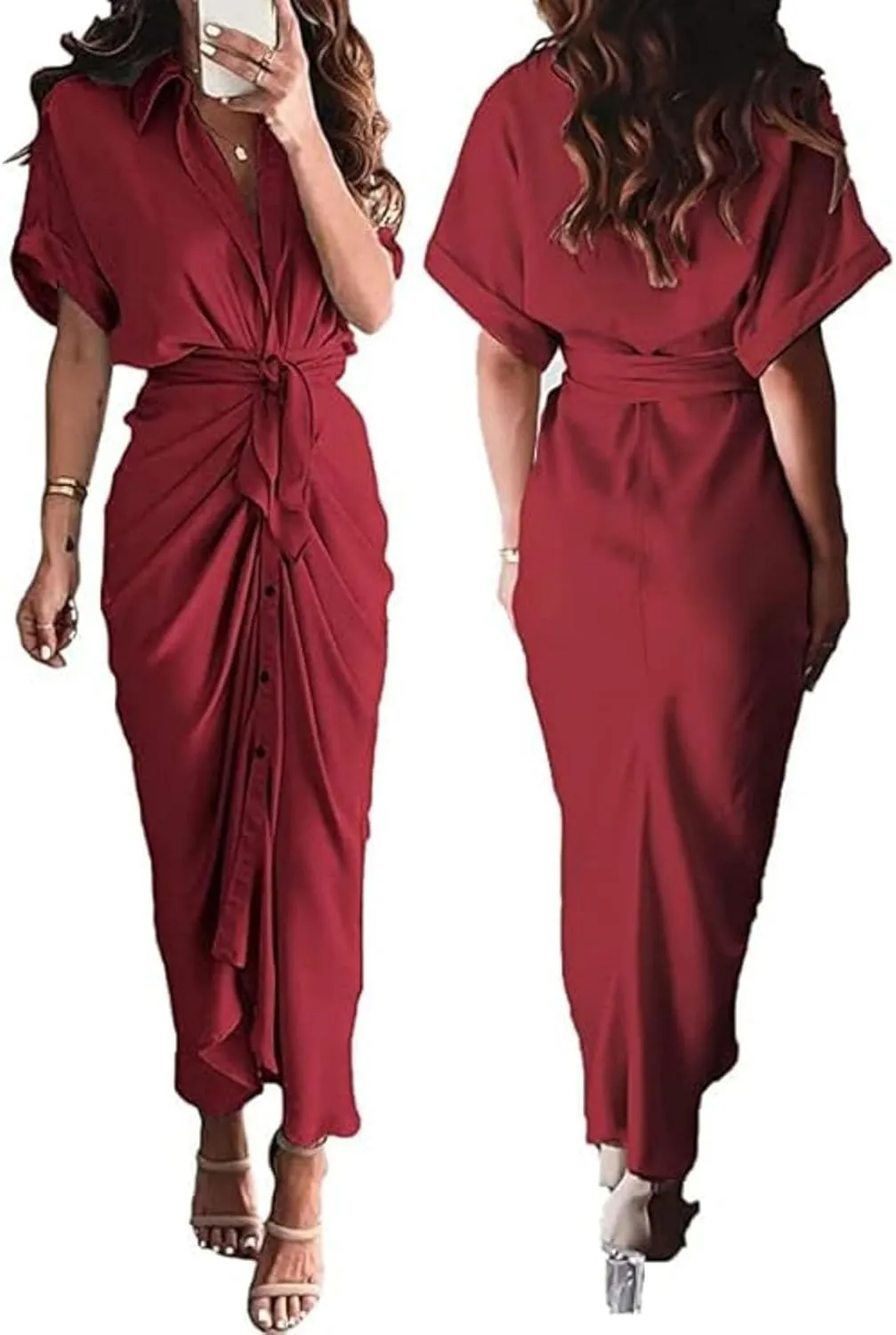 Womens Ruched Shirt Dresses Elegant Button Down Dress Summer Lapel V Neck Short Sleeve Maxi Dresses with Belt