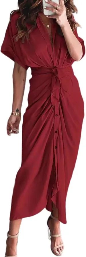 Womens Ruched Shirt Dresses Elegant Button Down Dress Summer Lapel V Neck Short Sleeve Maxi Dresses with Belt