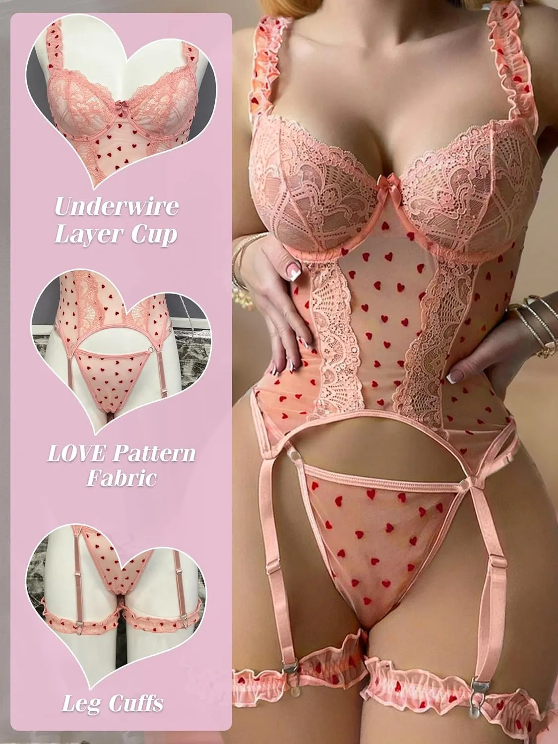 Women's Sexy Lingerie Set Lace Bodysuit Teddy Baby Dolls Panty Teddy Lingerie 3 Piece with Garter Belt