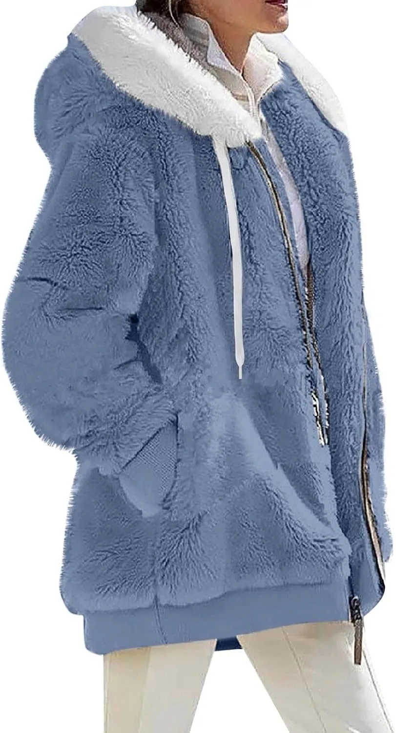 Women's Sherpa Fleece Casual Winter Warm Coat Oversized Zipper Hoodie Jackets