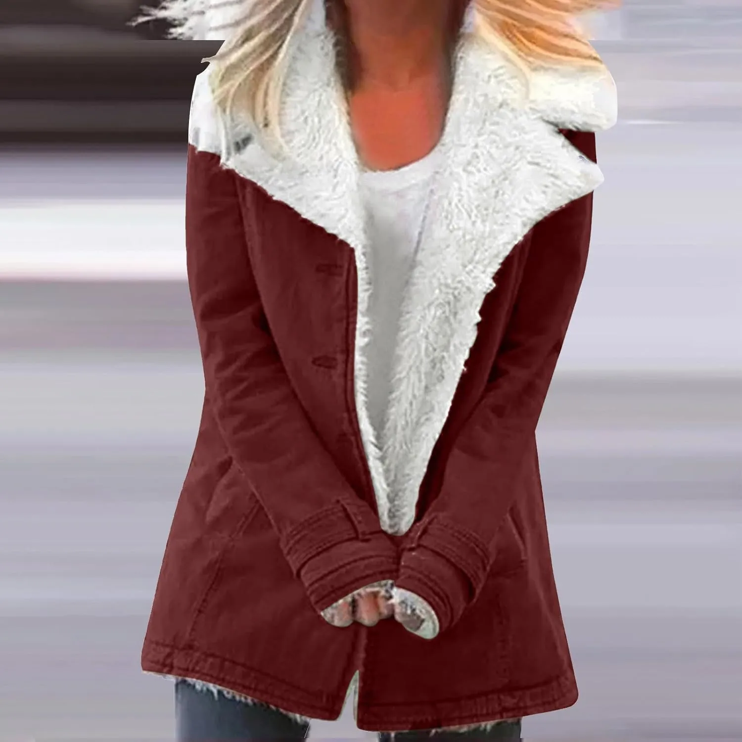 Womens Sherpa Lined Denim Jacket Lapel Collar Coat Plus Size Long Sleeve Button Down Outerwear Warm Winter Coats