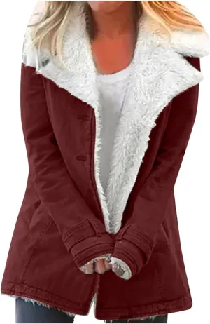 Womens Sherpa Lined Denim Jacket Lapel Collar Coat Plus Size Long Sleeve Button Down Outerwear Warm Winter Coats