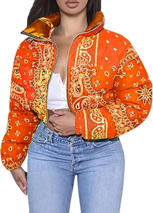 Women's Short Down Coats Lightweight Printed Zipper Stand Collar Winter Thickened Cropped Trendy Puffer Jacket Pocket