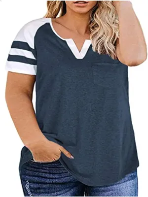 Women's Short Sleeve Plus Size T Shirts Loose Fit V Neck Color Block Tee Blouses 2025 Trendy Summer Oversized Tops