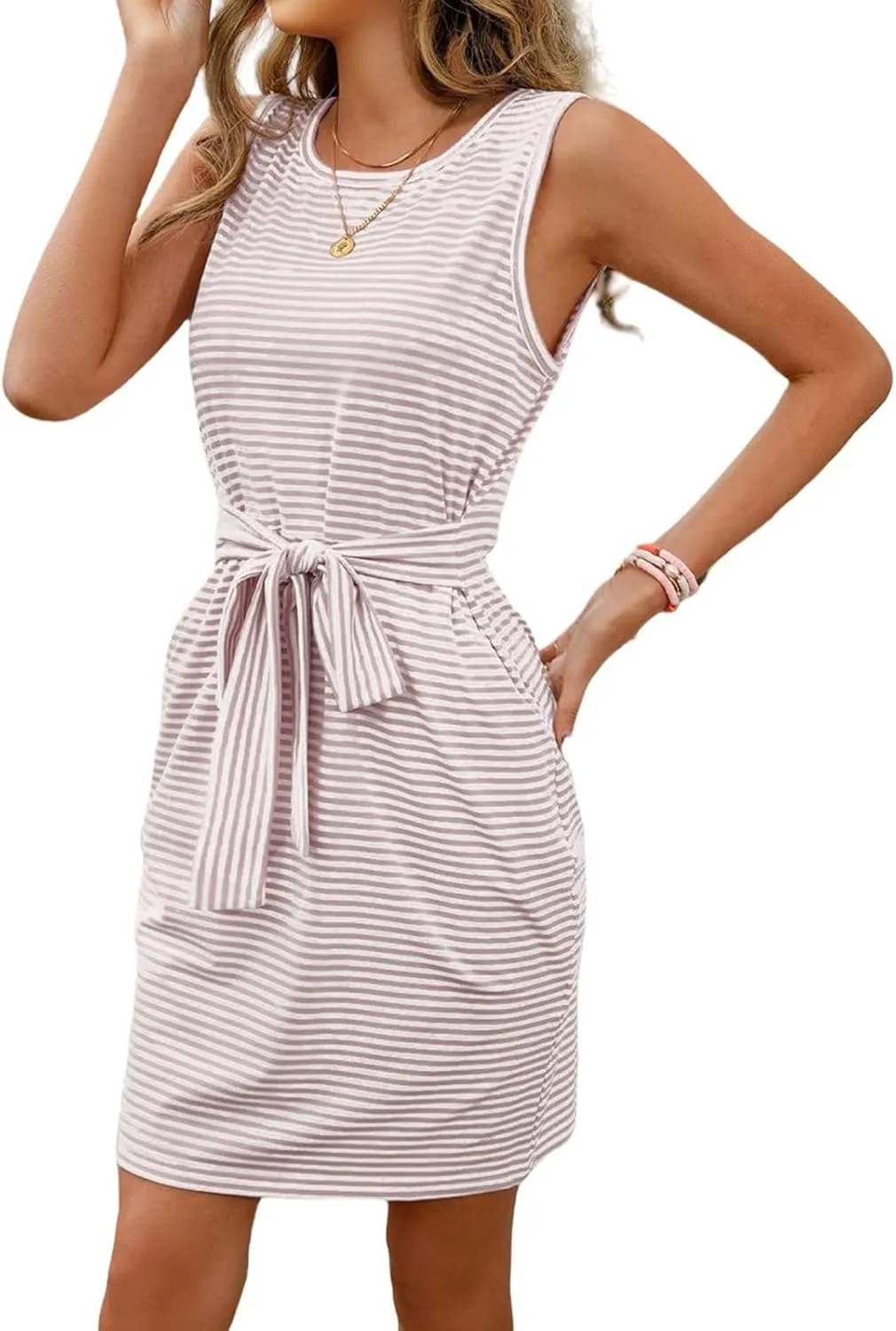 Womens Sleeveless Striped T-Shirt Dress Summer Casual Midi Dresses Crewneck Tie Waist Mini Dress Vacation Sundress