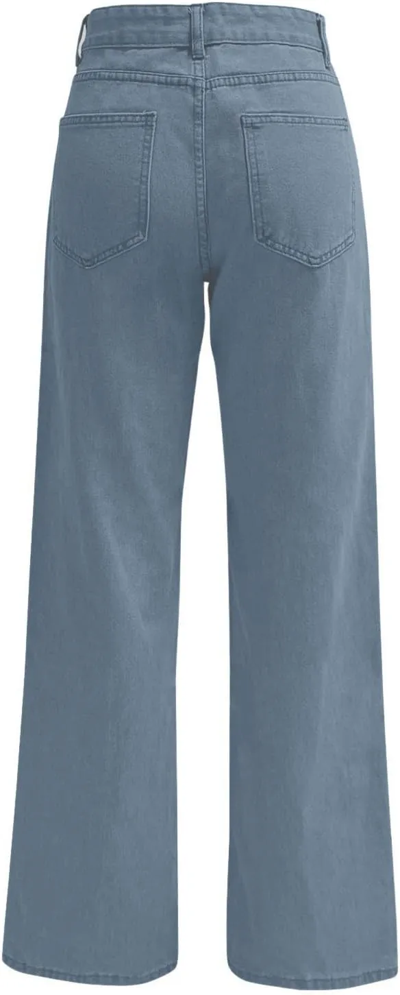 Womens Straight Leg Denim Pants Fashion Rise Baggy Wide Leg Jeans Plus Size Trousers with Pocket