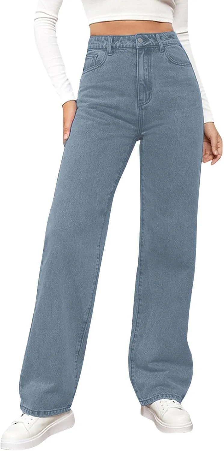 Womens Straight Leg Denim Pants Fashion Rise Baggy Wide Leg Jeans Plus Size Trousers with Pocket