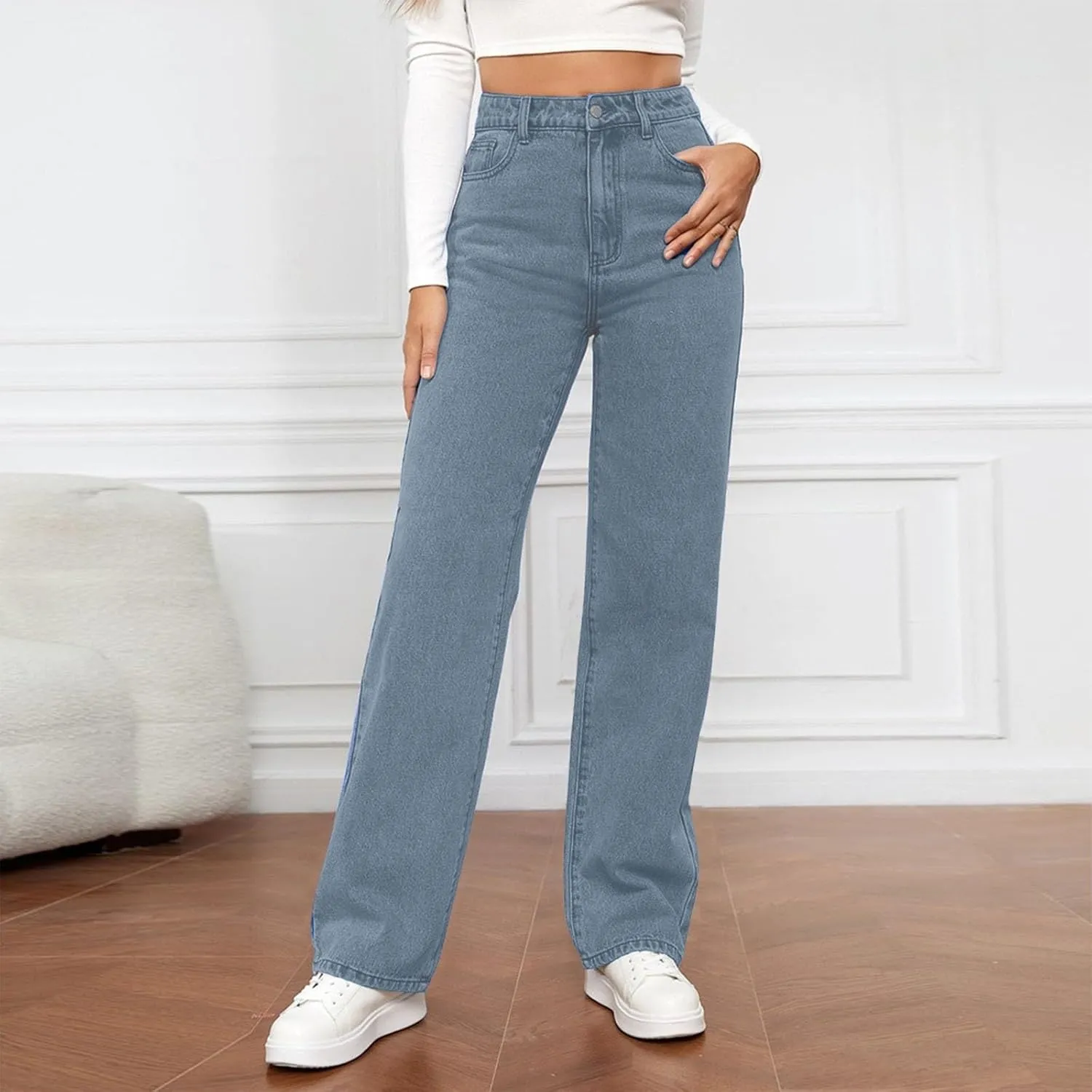 Womens Straight Leg Denim Pants Fashion Rise Baggy Wide Leg Jeans Plus Size Trousers with Pocket