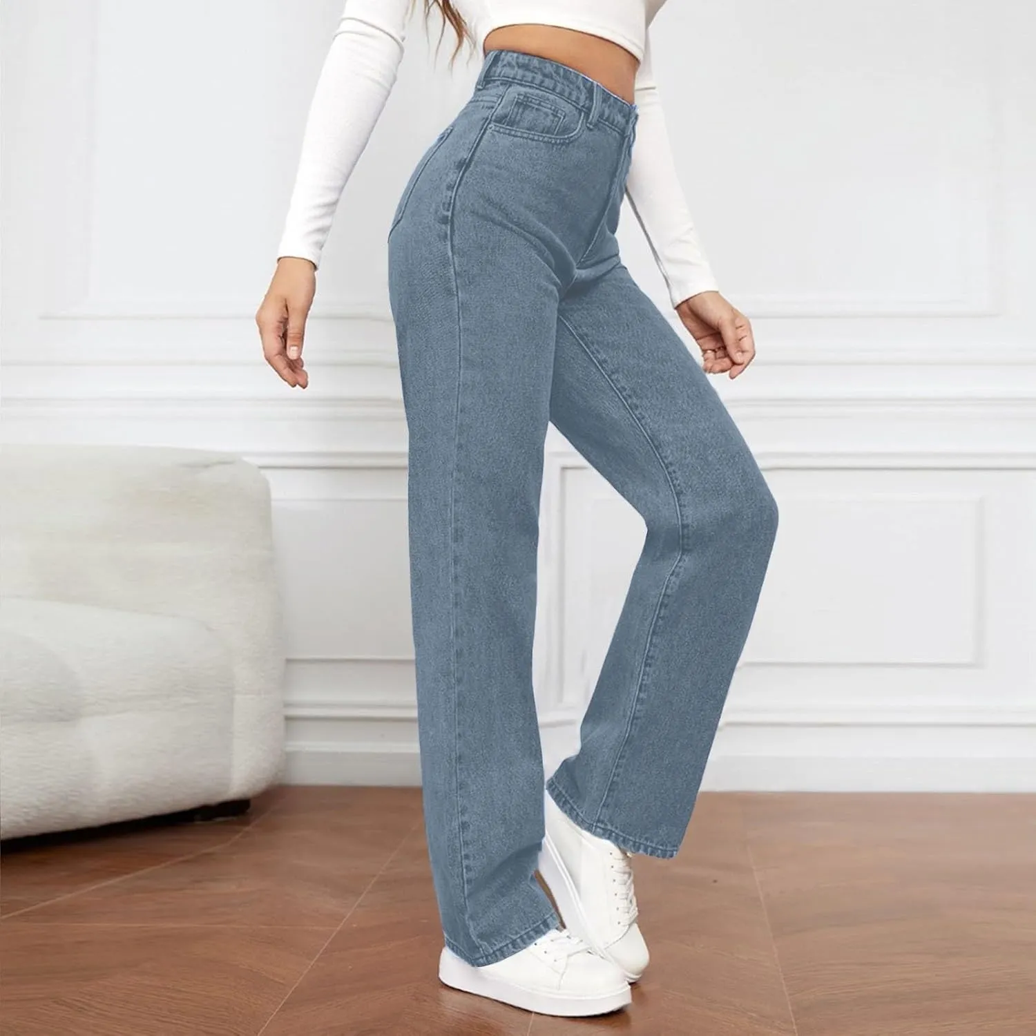 Womens Straight Leg Denim Pants Fashion Rise Baggy Wide Leg Jeans Plus Size Trousers with Pocket
