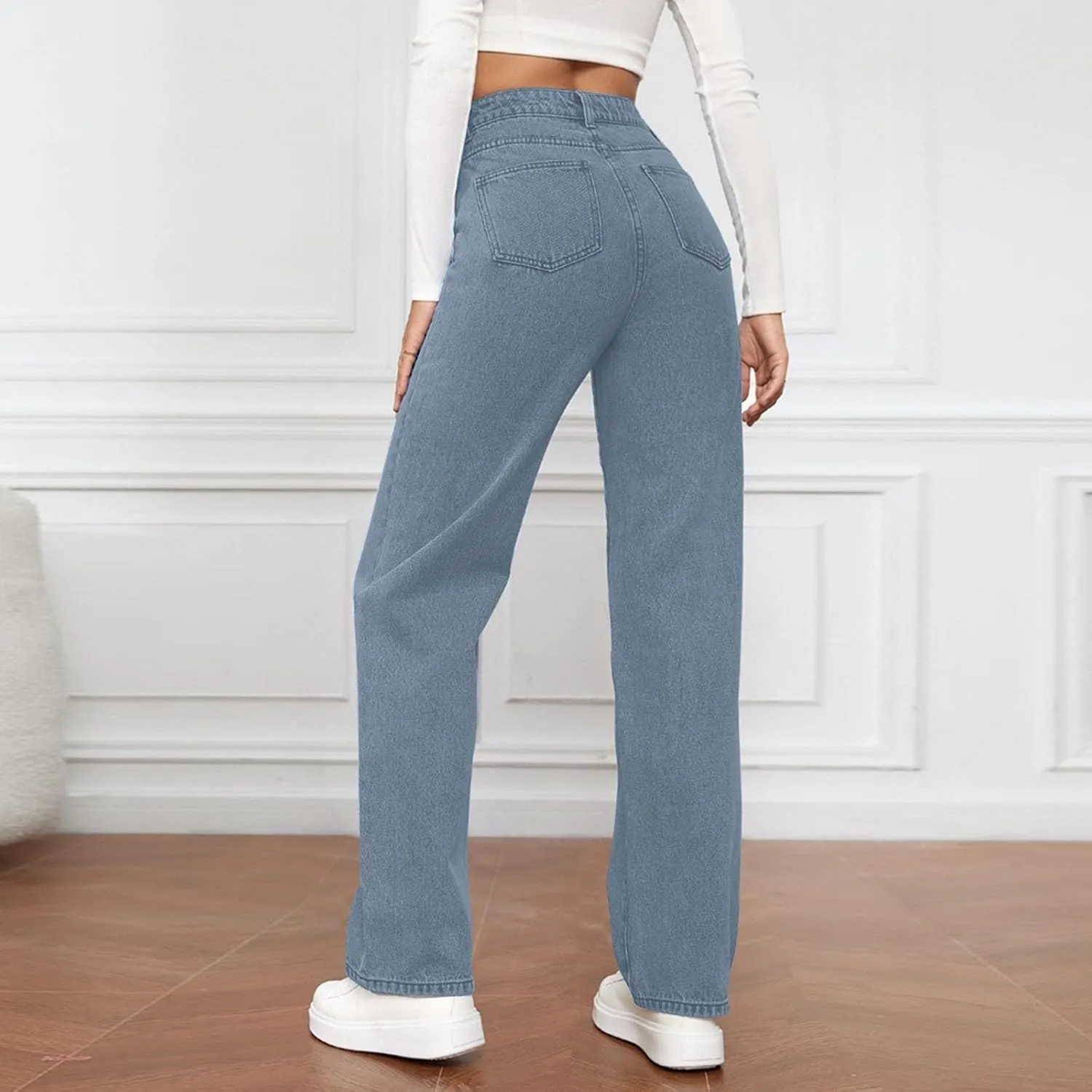 Womens Straight Leg Denim Pants Fashion Rise Baggy Wide Leg Jeans Plus Size Trousers with Pocket