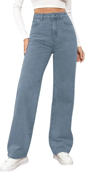 Womens Straight Leg Denim Pants Fashion Rise Baggy Wide Leg Jeans Plus Size Trousers with Pocket