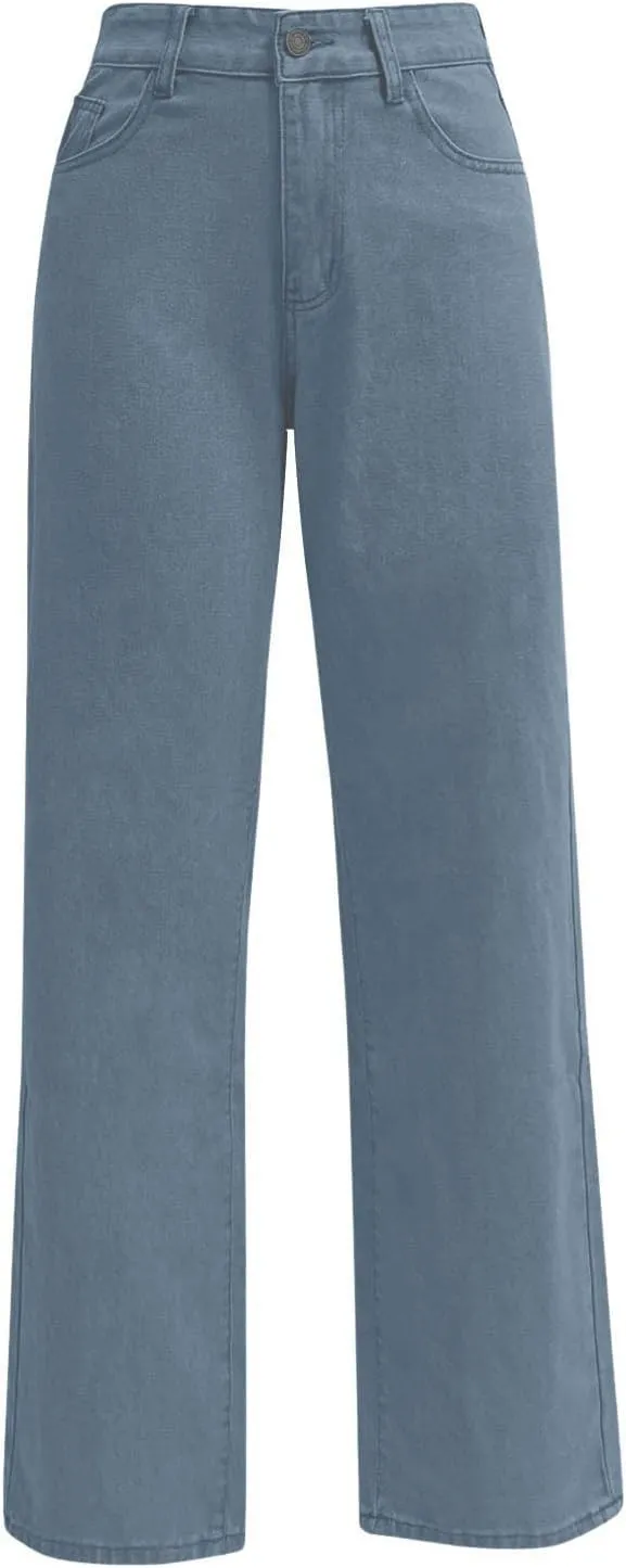 Womens Straight Leg Denim Pants Fashion Rise Baggy Wide Leg Jeans Plus Size Trousers with Pocket