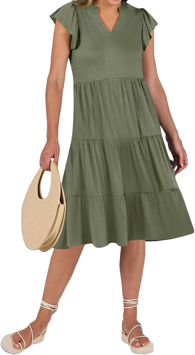 Women's Summer Casual Midi Dress V Neck Ruffle Sleeve Dresses Flowy Tiered Boho Beach Sundress with Pockets