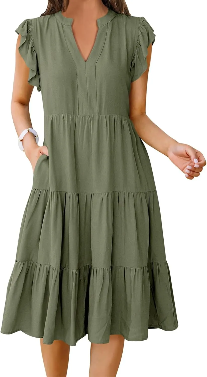 Women's Summer Casual Midi Dress V Neck Ruffle Sleeve Dresses Flowy Tiered Boho Beach Sundress with Pockets