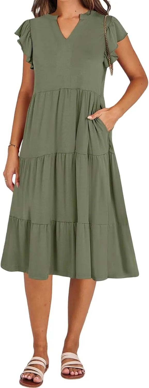 Women's Summer Casual Midi Dress V Neck Ruffle Sleeve Dresses Flowy Tiered Boho Beach Sundress with Pockets