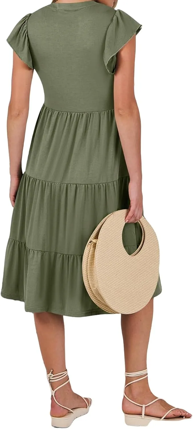 Women's Summer Casual Midi Dress V Neck Ruffle Sleeve Dresses Flowy Tiered Boho Beach Sundress with Pockets