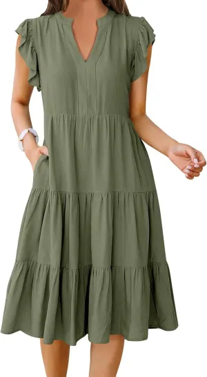Women's Summer Casual Midi Dress V Neck Ruffle Sleeve Dresses Flowy Tiered Boho Beach Sundress with Pockets
