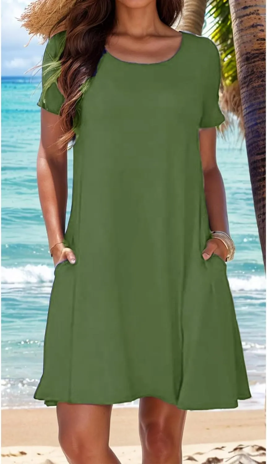 Women's Summer Casual T-Shirt Dress Beach Boho Swing Dresses Short Sleeve Loose Flowy Sundress with Pockets