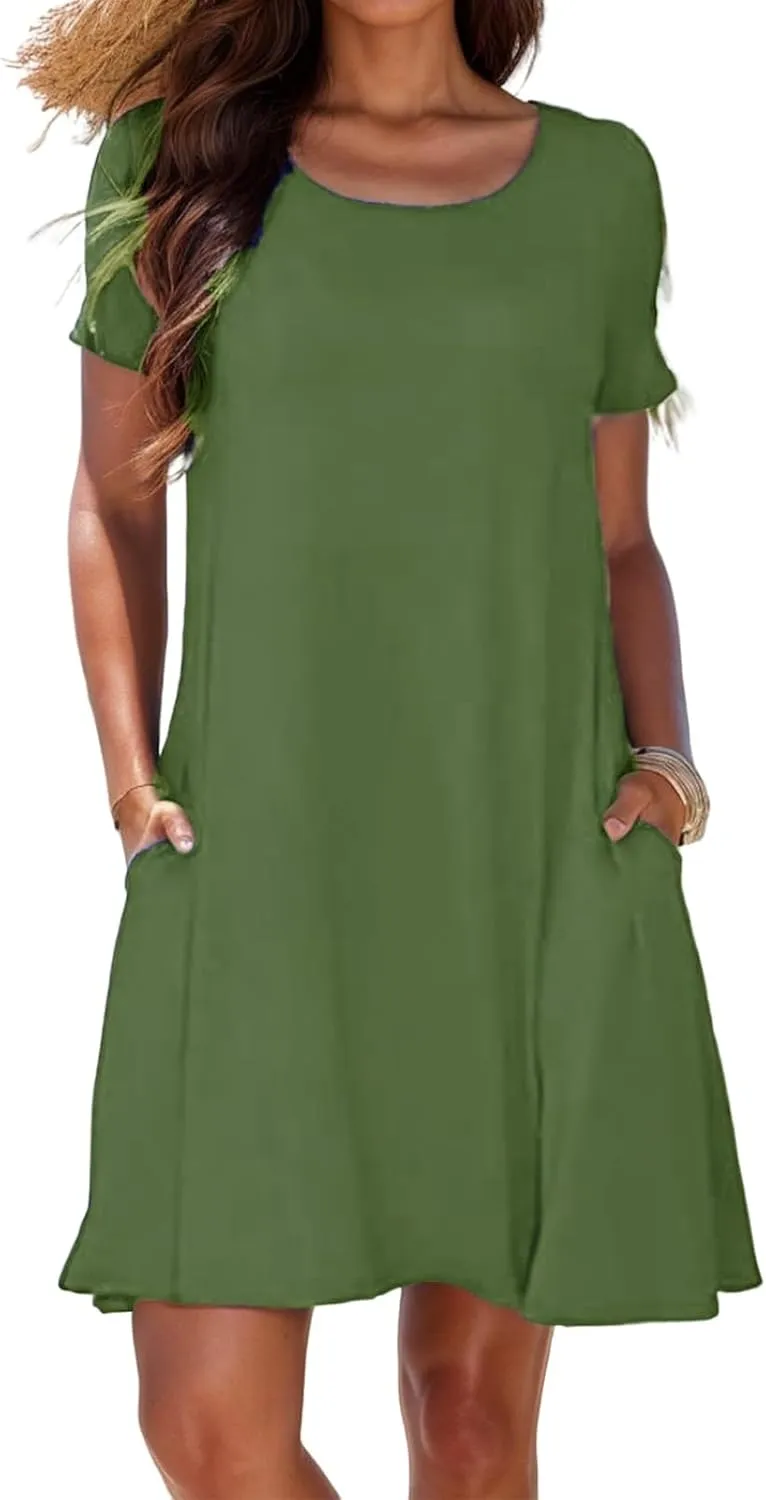 Women's Summer Casual T-Shirt Dress Beach Boho Swing Dresses Short Sleeve Loose Flowy Sundress with Pockets