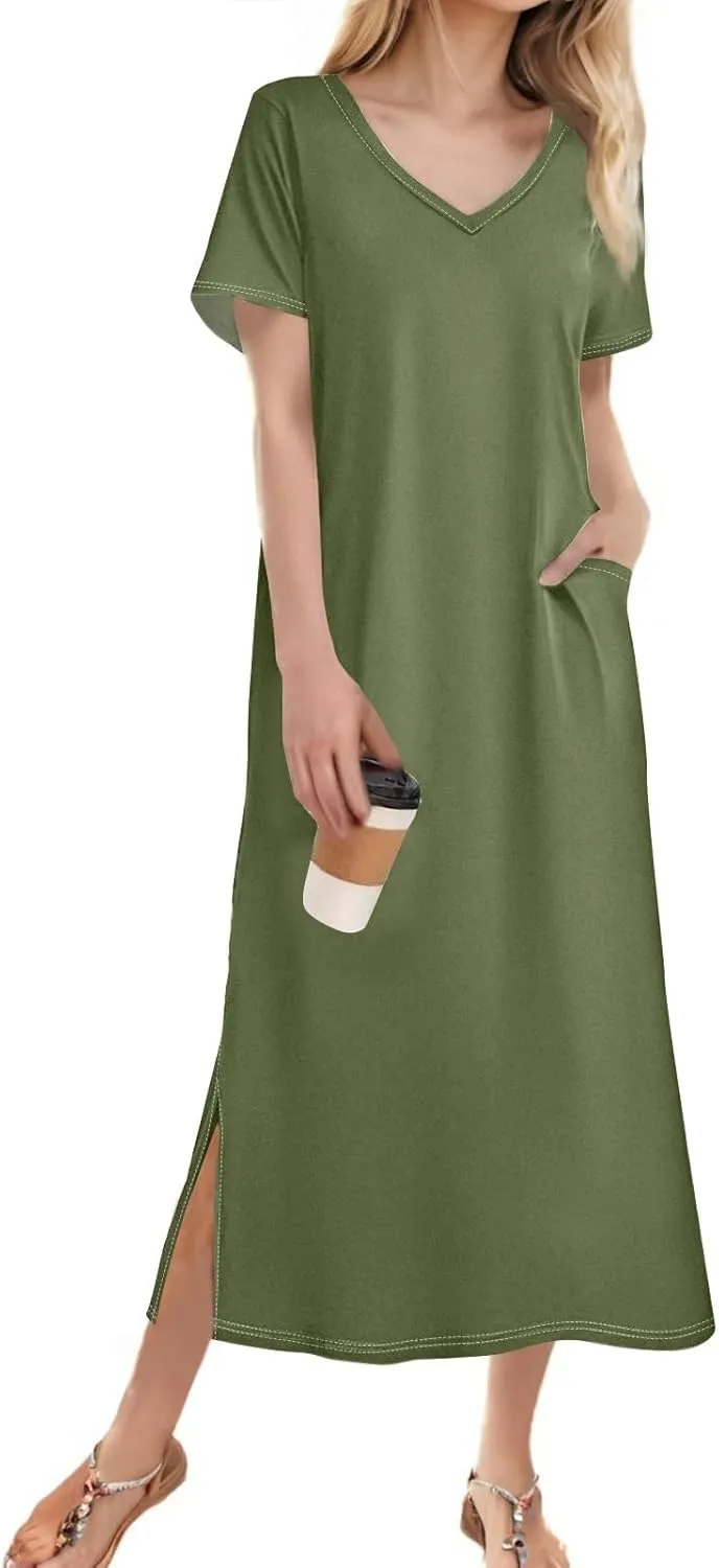 Womens Summer Dresses 2025 Short Sleeve T Shirt Dress Summer Casual Loose Swing Tshirt Midi Dresses with Pockets