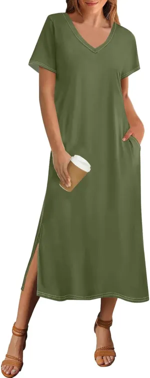 Womens Summer Dresses 2025 Short Sleeve T Shirt Dress Summer Casual Loose Swing Tshirt Midi Dresses with Pockets