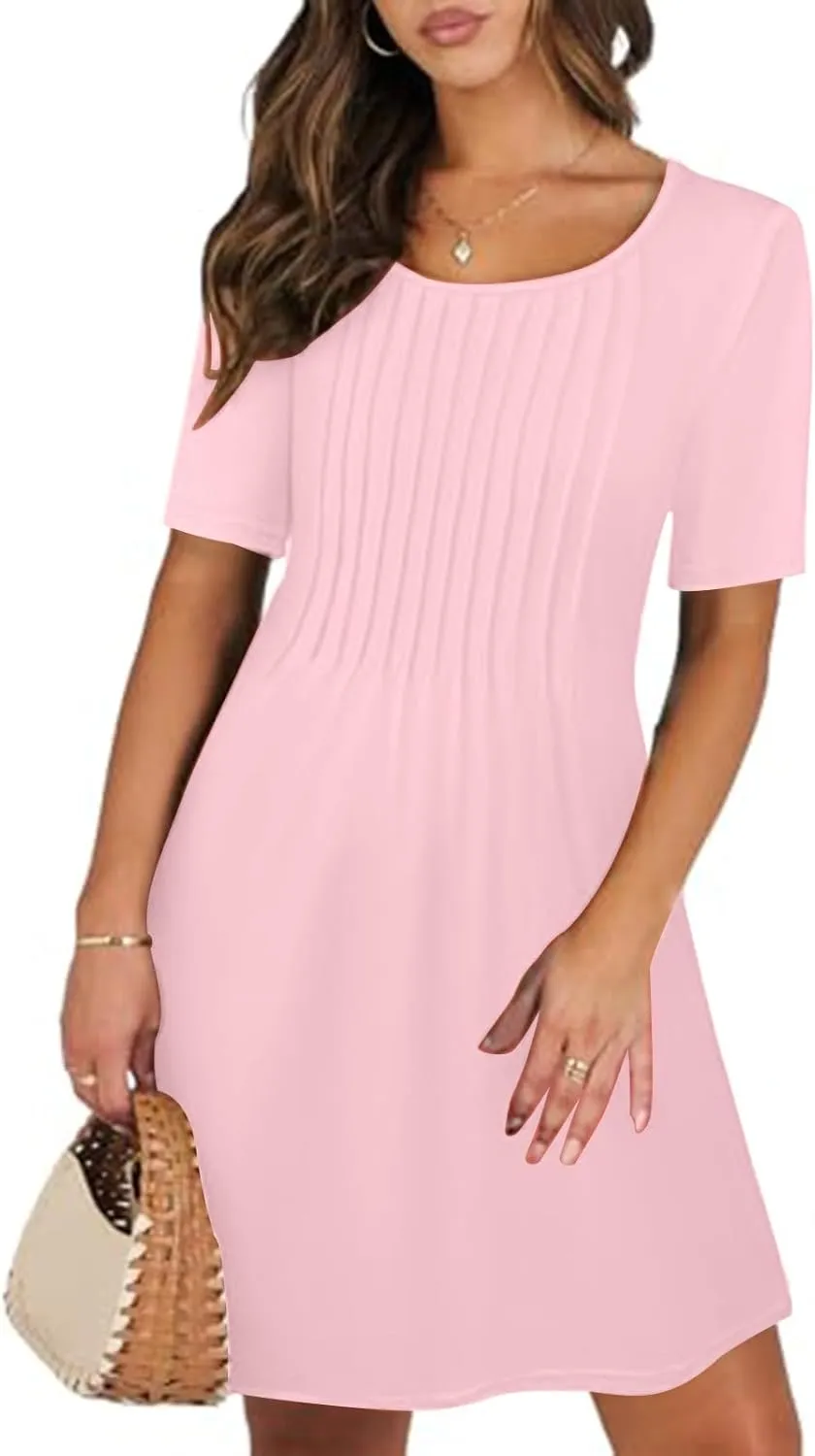 Women's Summer Dresses Pleated Dressy Casual Scooped Neck Beach Vacation T-Shirts Dresses Fashion Short Tunic Dresses