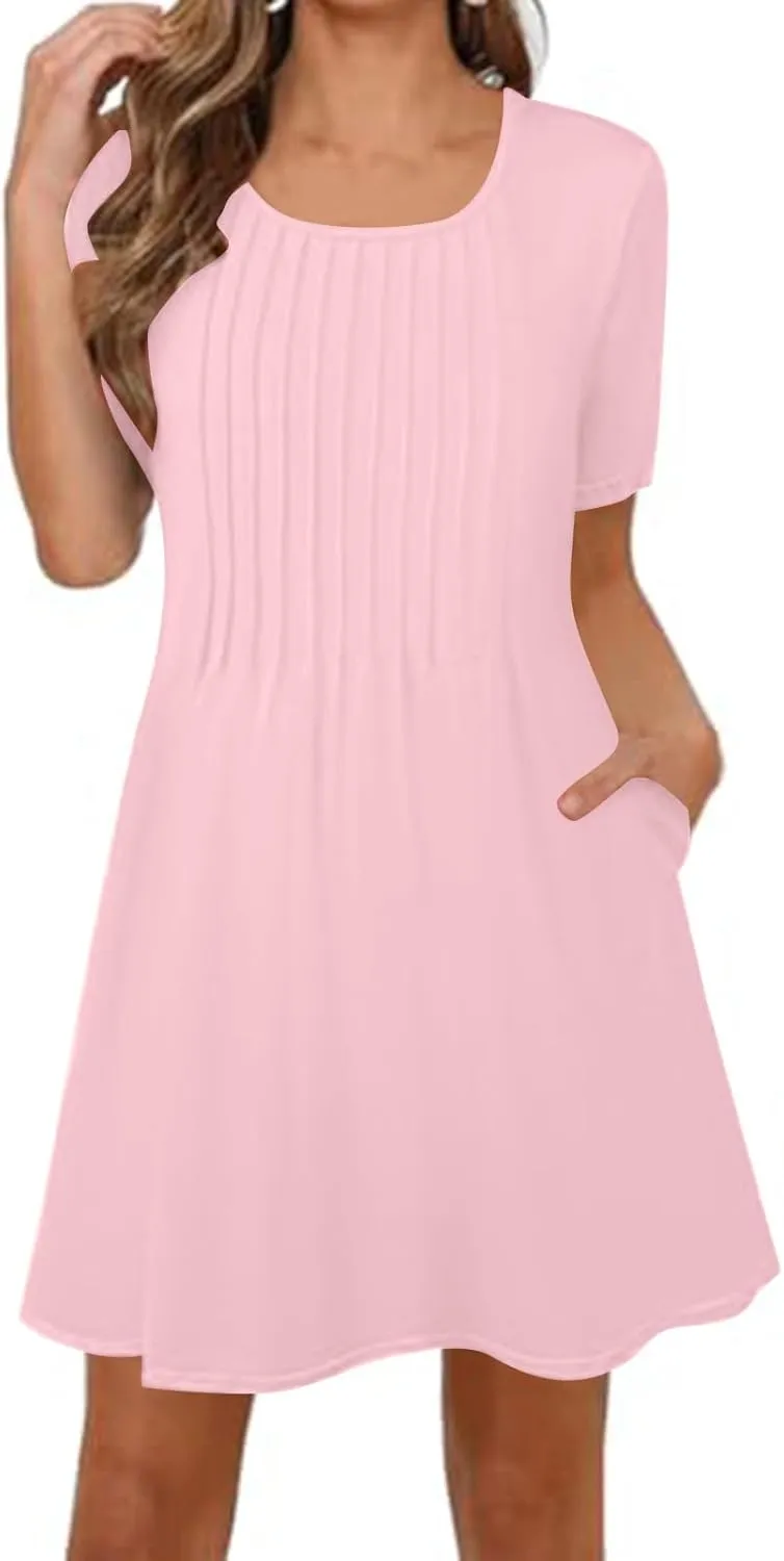 Women's Summer Dresses Pleated Dressy Casual Scooped Neck Beach Vacation T-Shirts Dresses Fashion Short Tunic Dresses