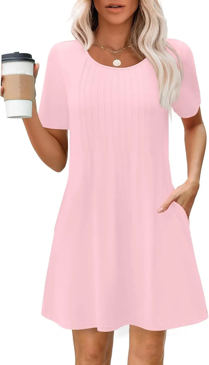 Women's Summer Dresses Pleated Dressy Casual Scooped Neck Beach Vacation T-Shirts Dresses Fashion Short Tunic Dresses