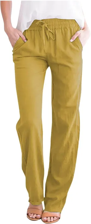 Womens Summer Linen Pants Linen Gauze Wide Leg Pants Straight Leg Business Casual Pants Beach Themed Lounge Pants