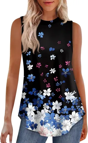 Womens Summer Tank Top 2025 Sleeveless Casual Loose Fit Blouses Scoop Neck Flower Print Tunic Cute Tops