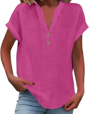 Womens Summer Tops 2025 Short Sleeve Button Down Solid Color V Neck T Shirts Cotton Linen Casual Corset Tops