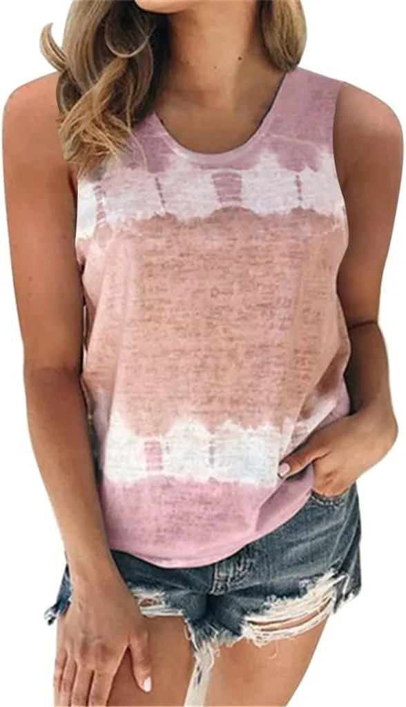 Womens Tank Tops Casual Flowy Printed Sleeveless Shirts Loose Summe Basic Tees Shirt Tie Dye Trendy Top for Leggings