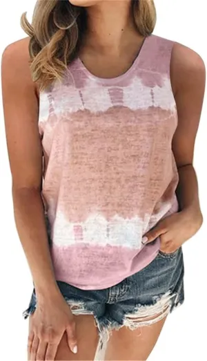 Womens Tank Tops Casual Flowy Printed Sleeveless Shirts Loose Summe Basic Tees Shirt Tie Dye Trendy Top for Leggings