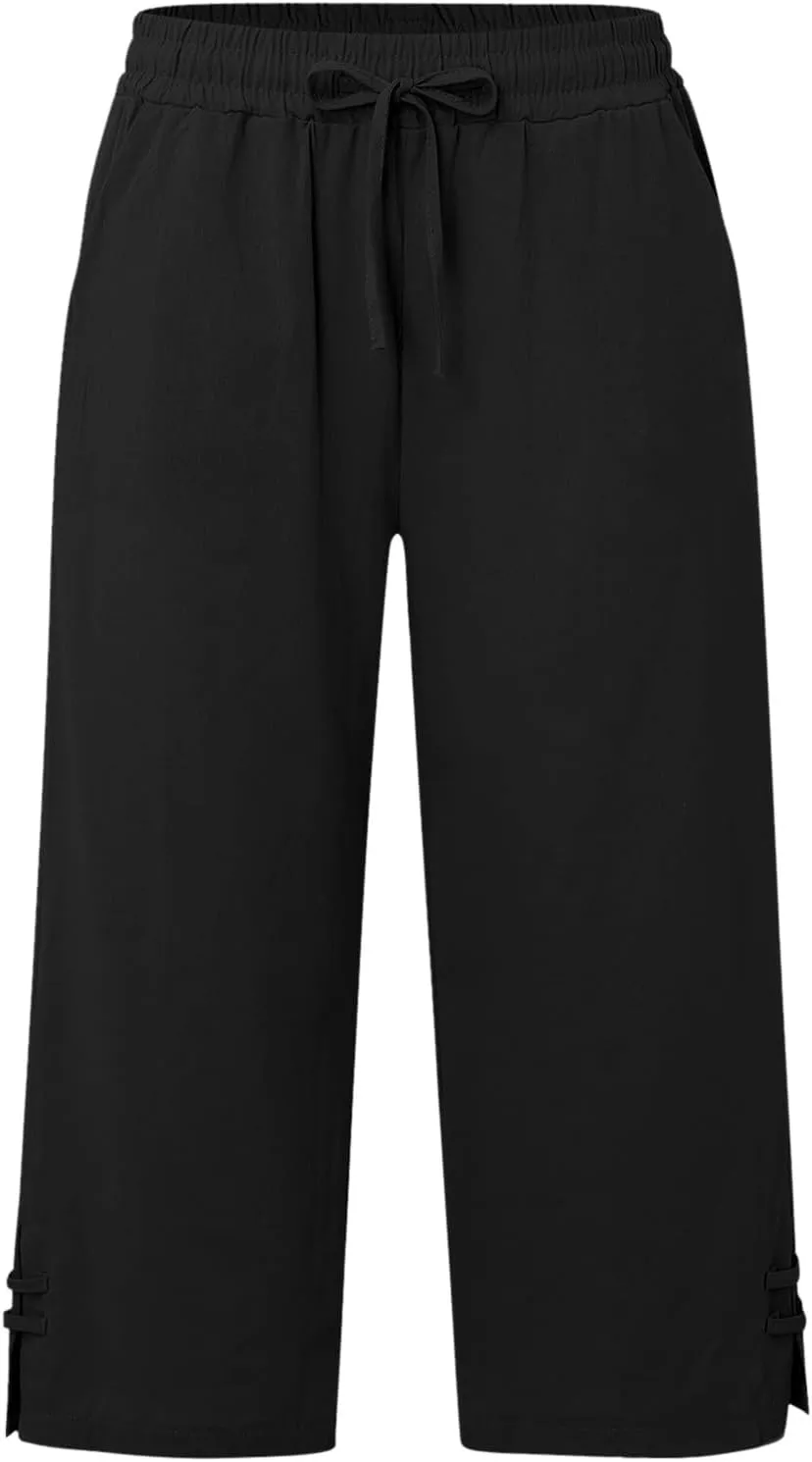 Women's Trendy Wide Leg Pants High Waist Drawstring Elastic Trousers Straight Leg Casual Long Bottoms