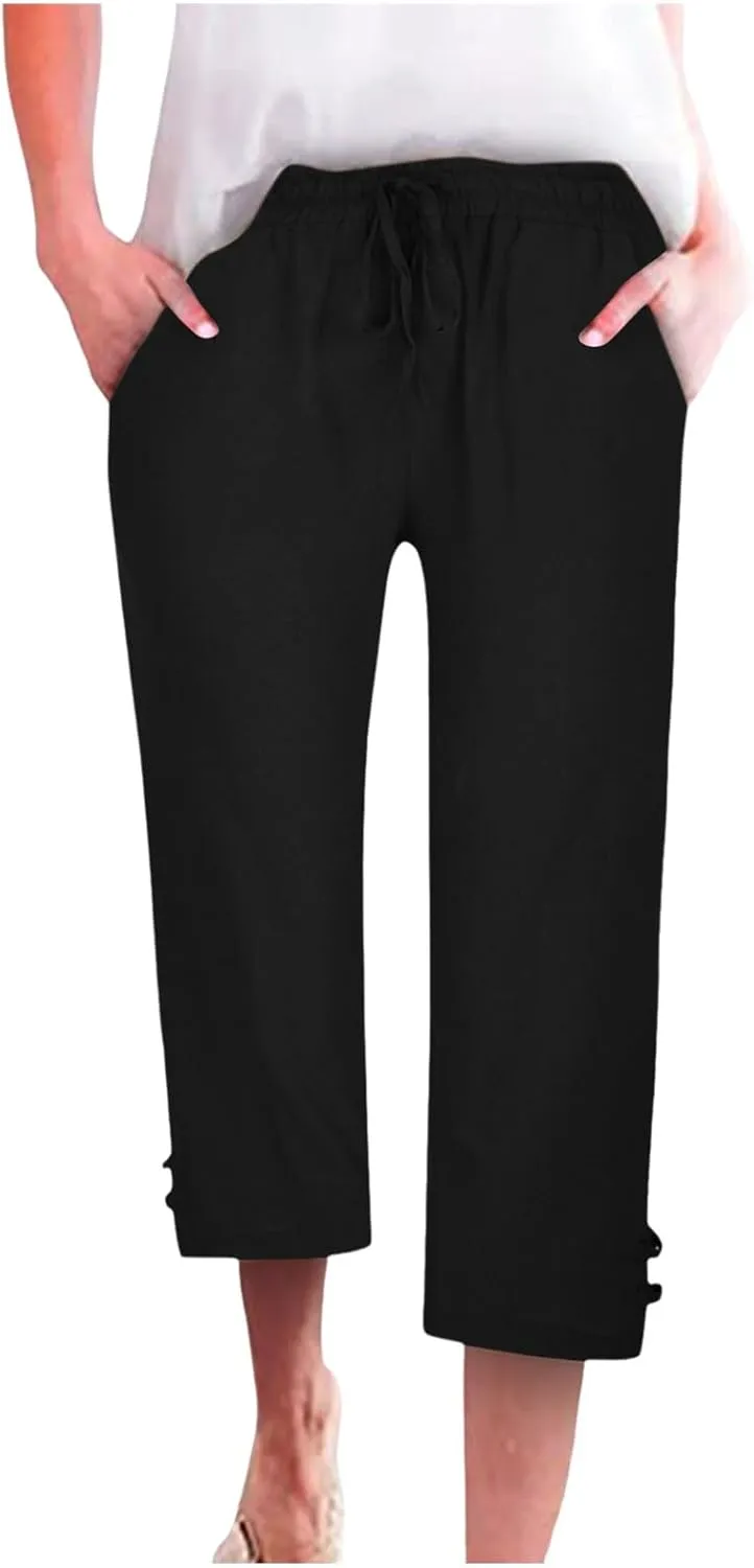 Women's Trendy Wide Leg Pants High Waist Drawstring Elastic Trousers Straight Leg Casual Long Bottoms