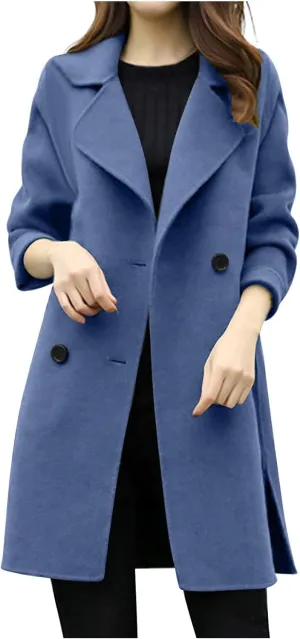 Womens Trendy Woolen Coats Winter Trench Coat Casual Button Cardigan Jacket Overcoat Plain Lapel Outwear