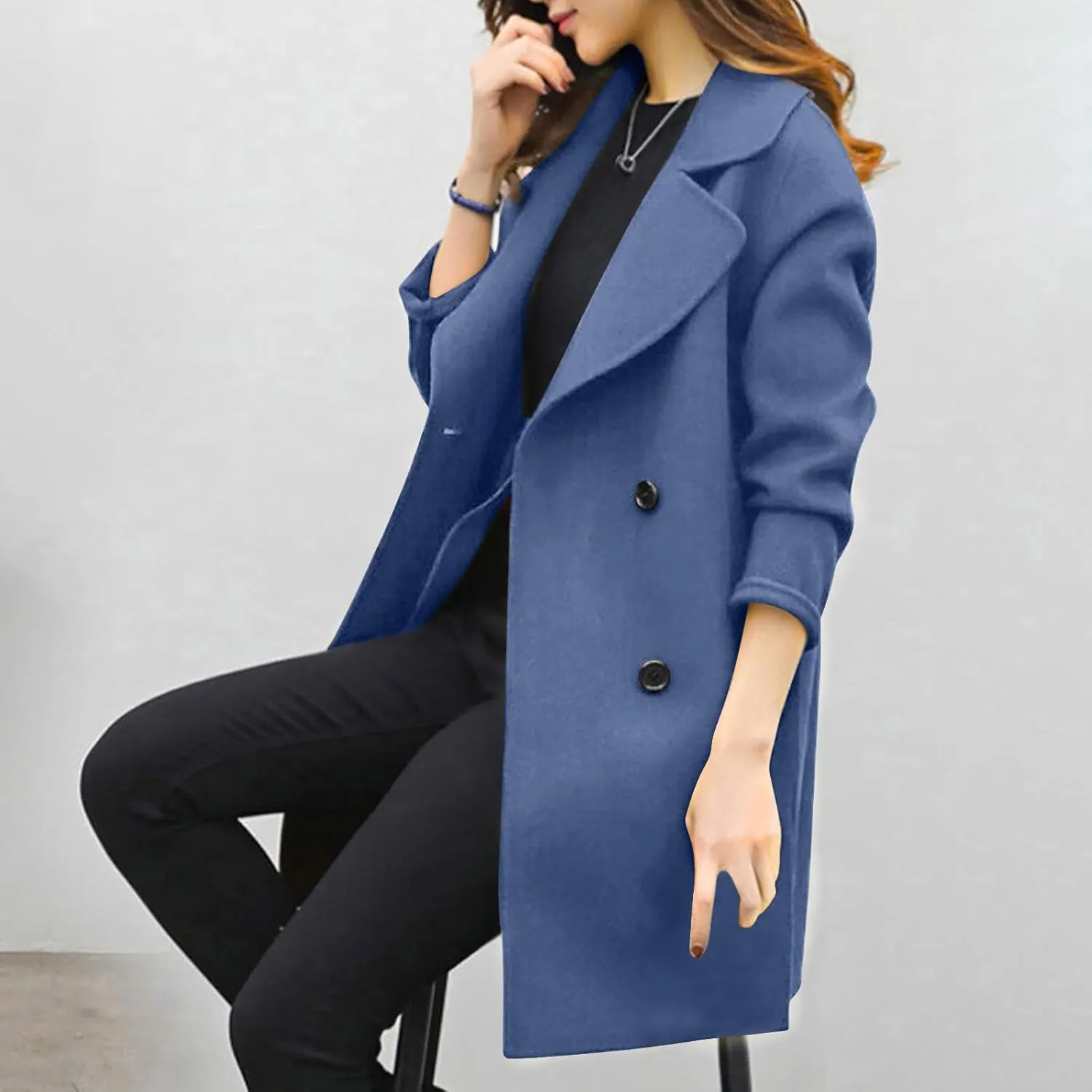 Womens Trendy Woolen Coats Winter Trench Coat Casual Button Cardigan Jacket Overcoat Plain Lapel Outwear