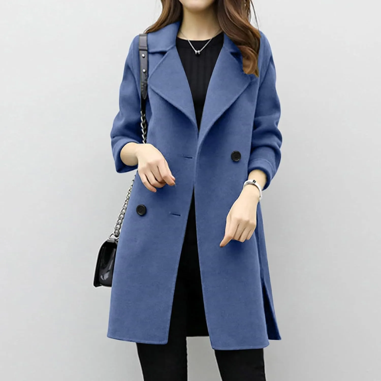 Womens Trendy Woolen Coats Winter Trench Coat Casual Button Cardigan Jacket Overcoat Plain Lapel Outwear