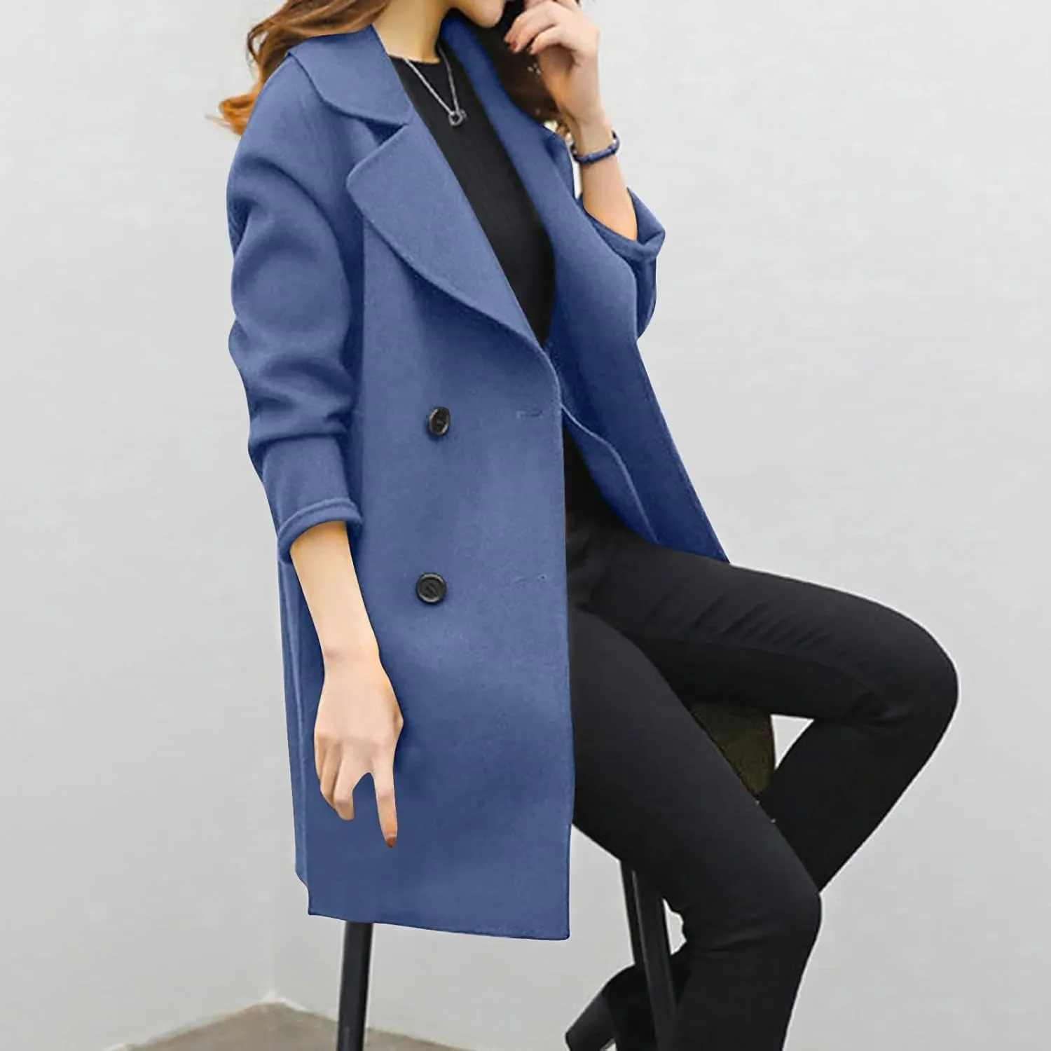 Womens Trendy Woolen Coats Winter Trench Coat Casual Button Cardigan Jacket Overcoat Plain Lapel Outwear