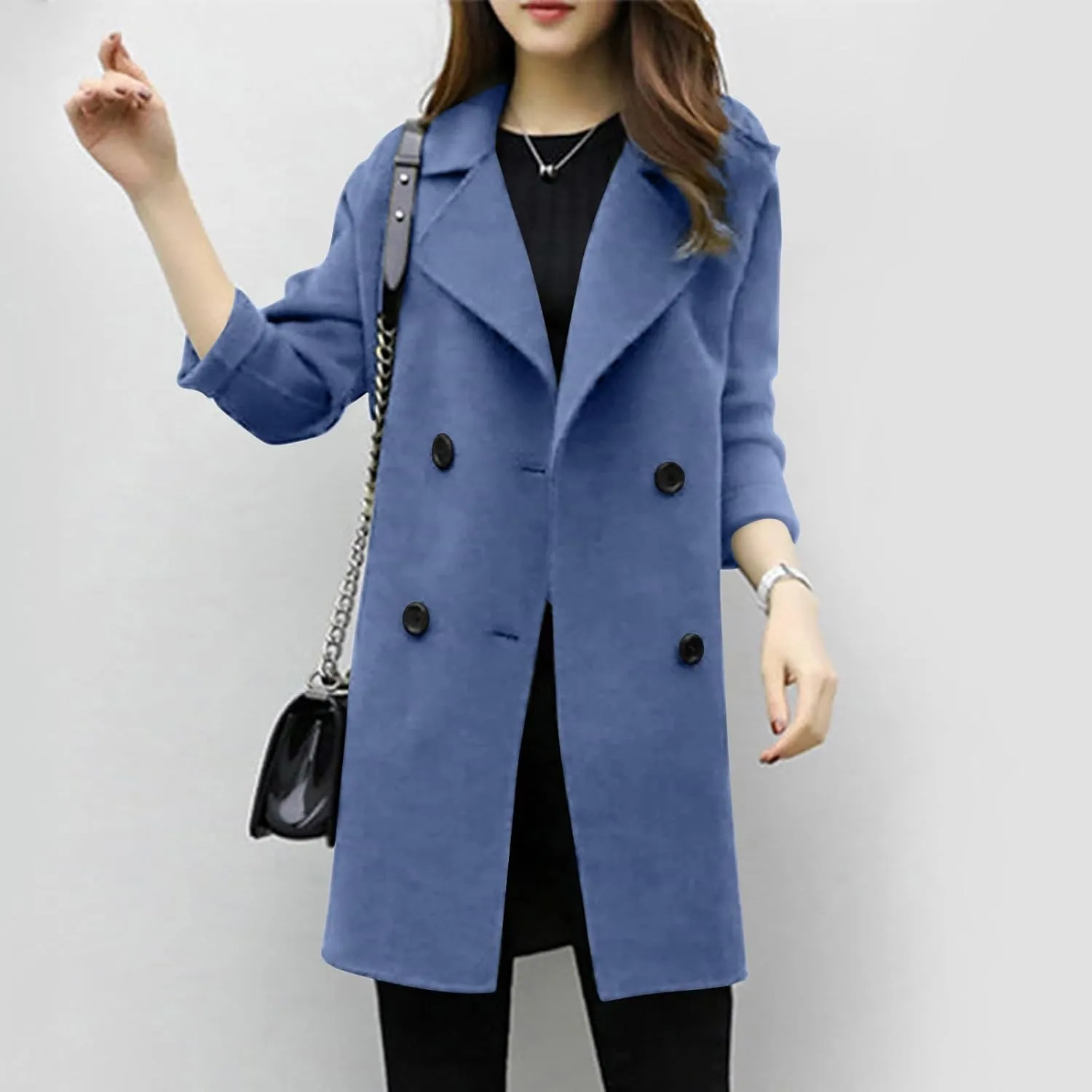 Womens Trendy Woolen Coats Winter Trench Coat Casual Button Cardigan Jacket Overcoat Plain Lapel Outwear