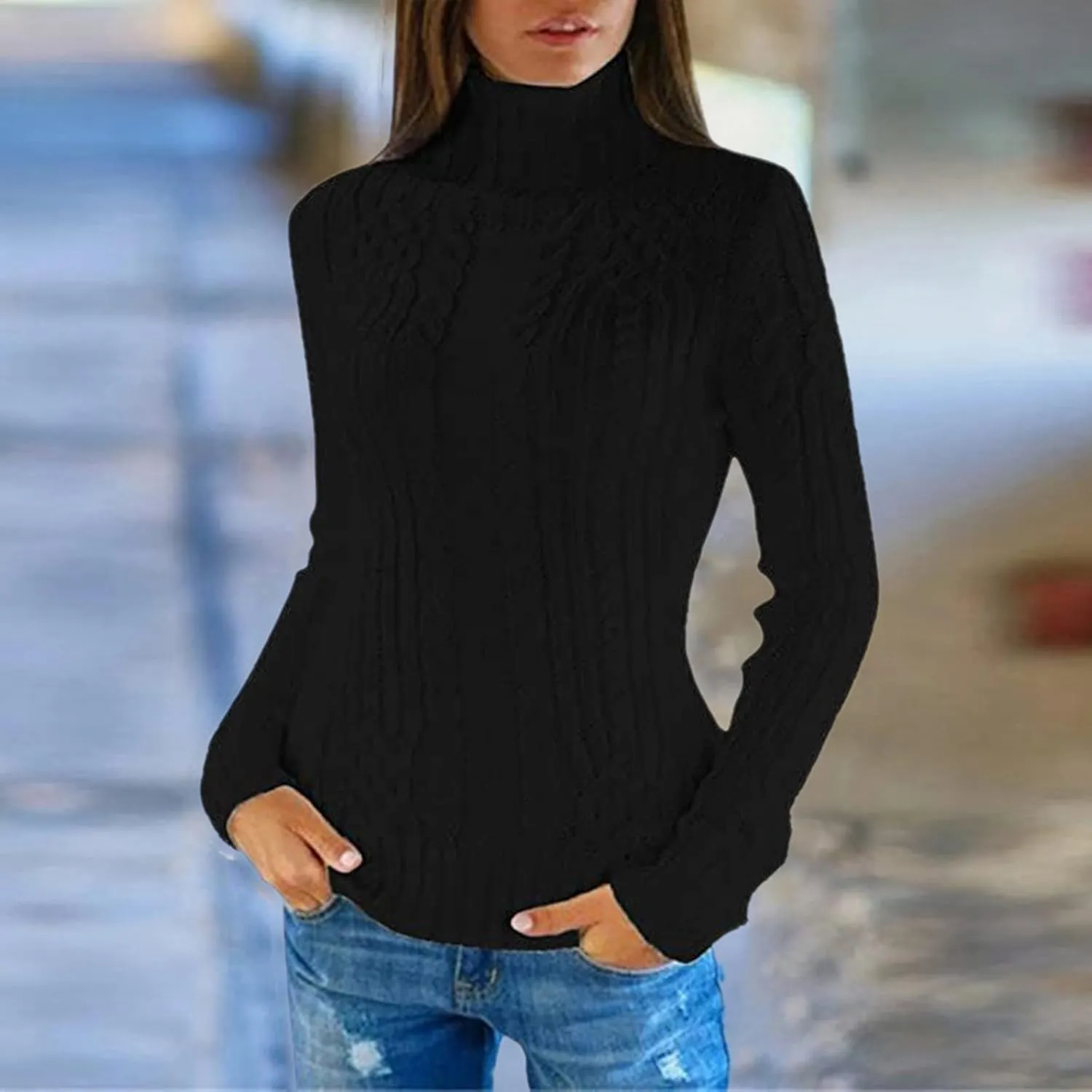 Women's Turtleneck Knit Pullover Long Sleeve Casual Oversized Sweater Tops Womens Fall Tops Ribbed Knit Sweater