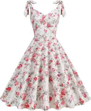 Womens Vintage Floral Dress Summer Beach Vacation Sundress Audrey Hepburn Style Cocktail Party Swing Dresses