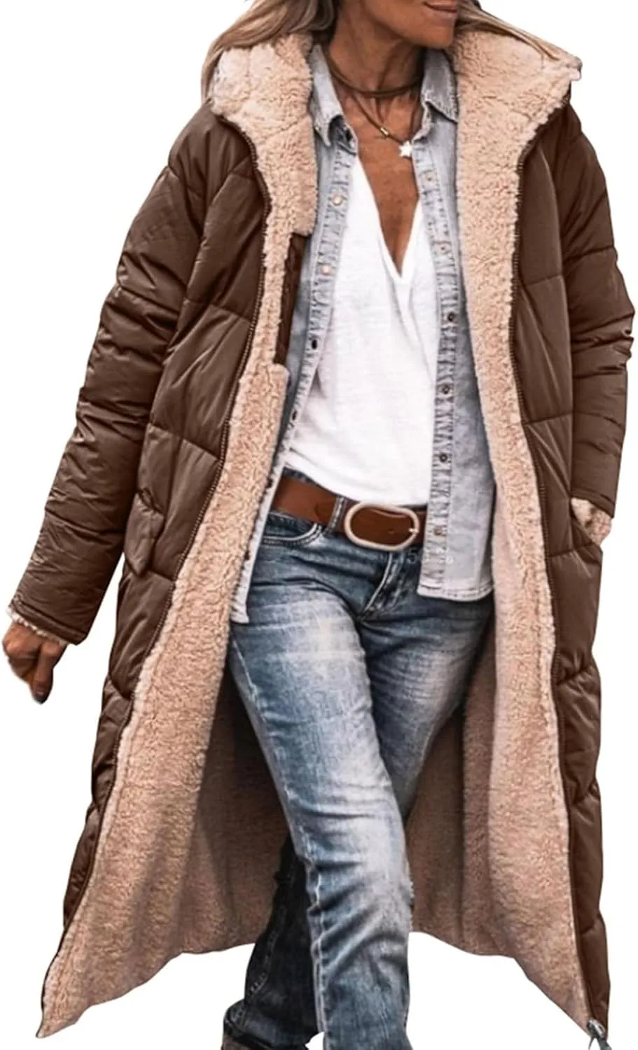 Womens Warm Winter Coats Sherpa Fleece Lined Hooded Jackets with Pockets Plush Reversible Long Overcoat