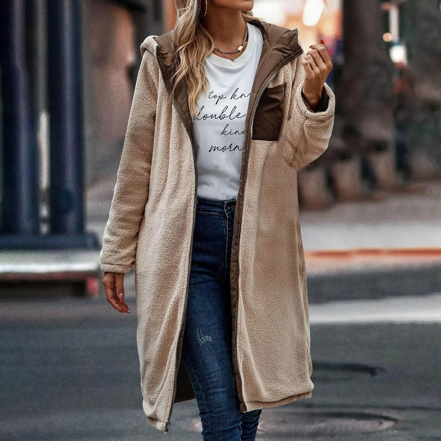 Womens Warm Winter Coats Sherpa Fleece Lined Hooded Jackets with Pockets Plush Reversible Long Overcoat