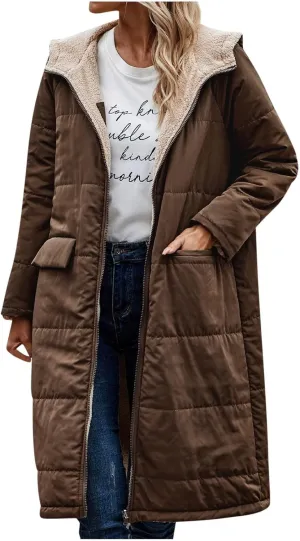 Womens Warm Winter Coats Sherpa Fleece Lined Hooded Jackets with Pockets Plush Reversible Long Overcoat