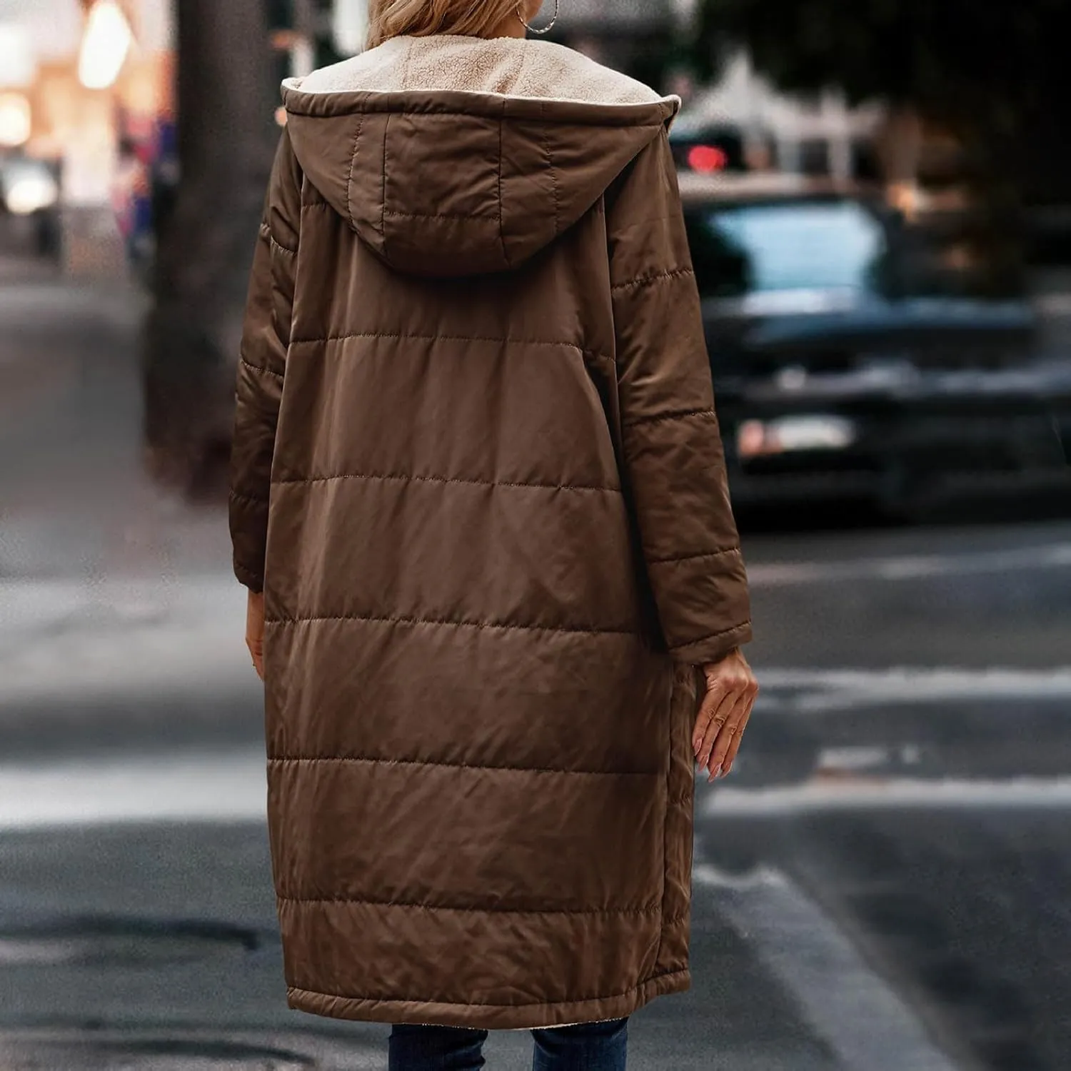 Womens Warm Winter Coats Sherpa Fleece Lined Hooded Jackets with Pockets Plush Reversible Long Overcoat