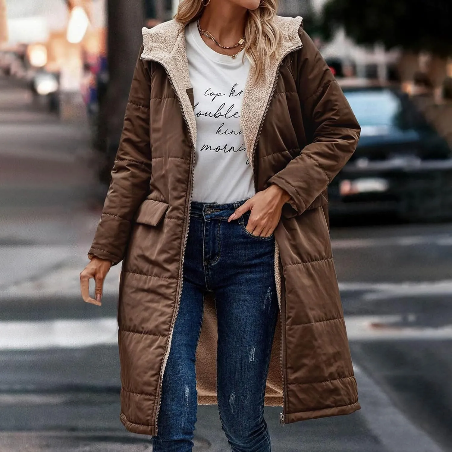 Womens Warm Winter Coats Sherpa Fleece Lined Hooded Jackets with Pockets Plush Reversible Long Overcoat
