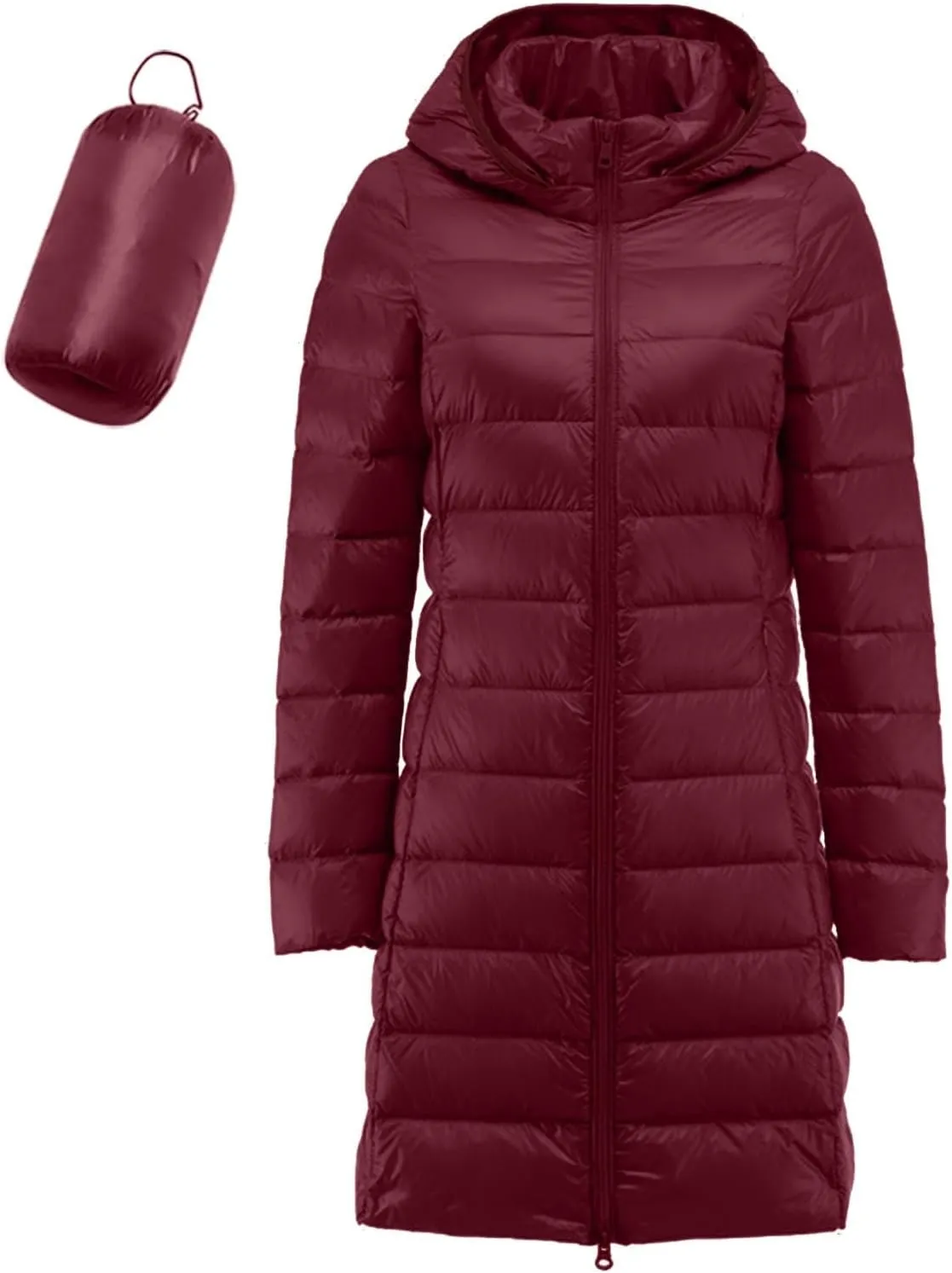Womens Winter Casual Solid Length Quilted Puffer Coat Long Sleeve Removable Hood Down Coat Warm Fitted Soft Overcoat